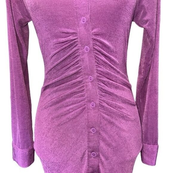 Mable Purple Long-Sleeve Collared Button-Up Ruched Mini Dress Womens Size Small - Picture 3 of 12